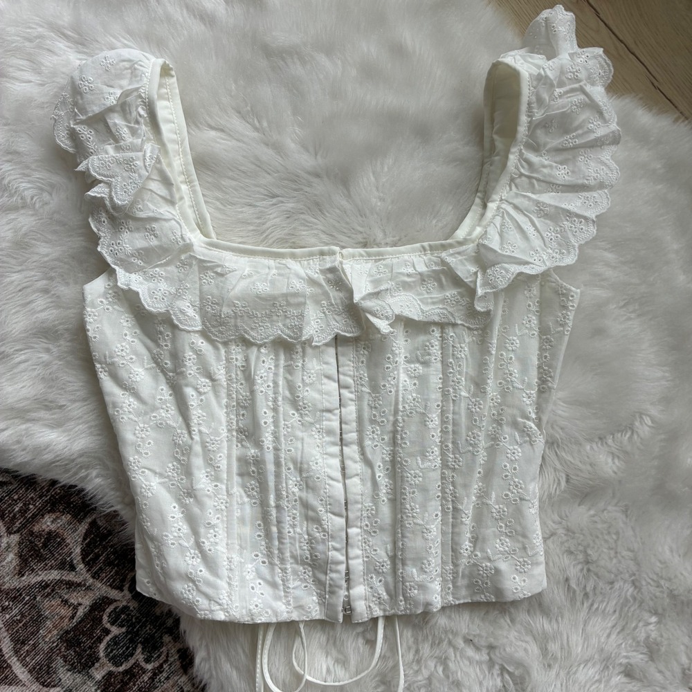 White Eyelet Lace Ruffle Bustier Corset Top Small Y2K Coquette Cottagecore